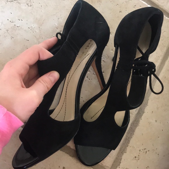 Kate Spade black lace up suede heels w gold detail - Picture 6 of 8